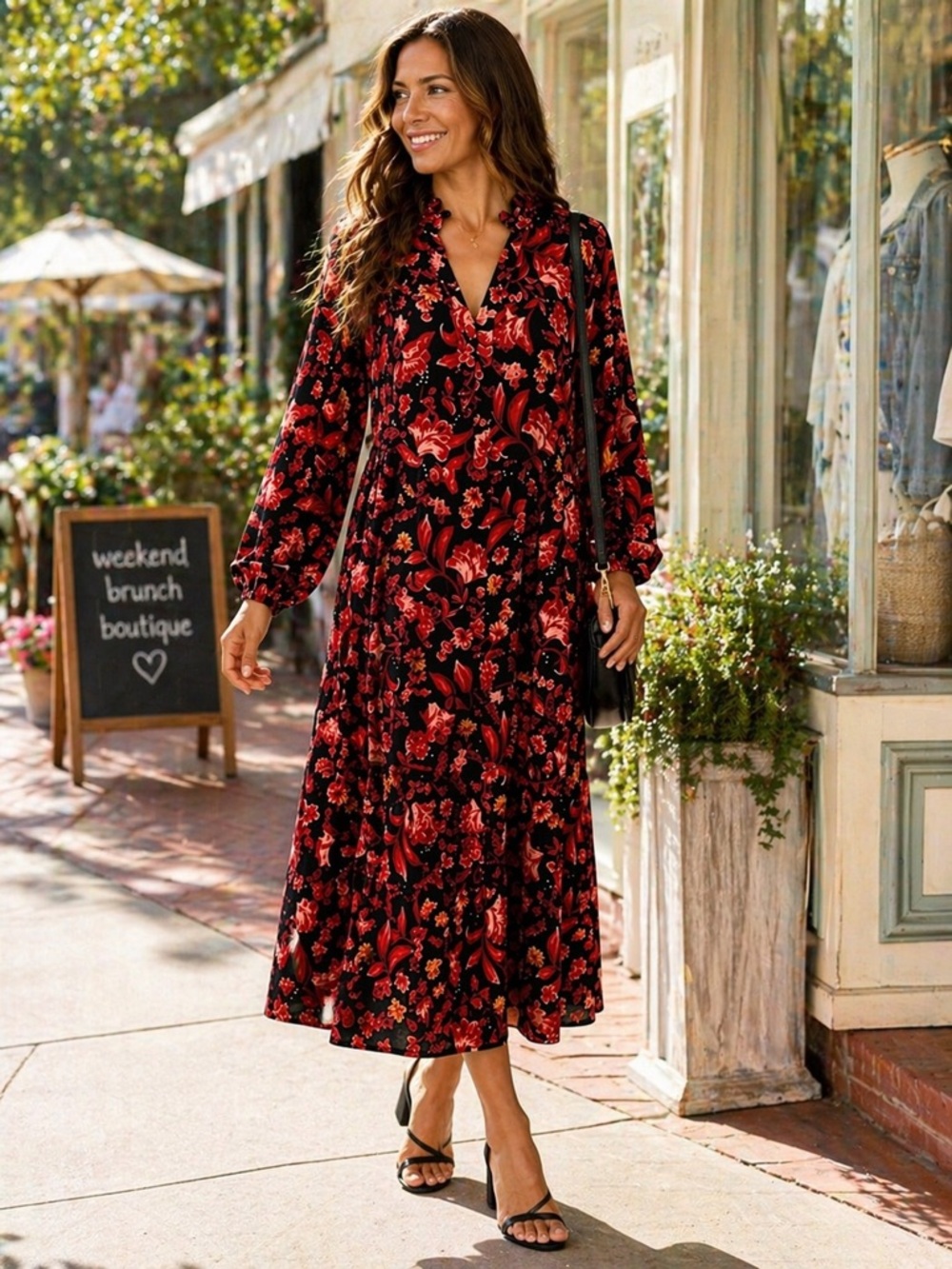 Terra & Sky Winter Dress Size 2X, Womens Red,Black,Flora,Long Sleeve,OOZES class